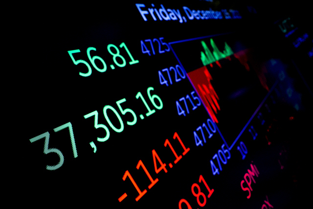 미국 뉴욕의 뉴욕증권거래소(NYSE)에서 종가가 마감된 후 화면에 다우존스 산업평균지수가 표시되고 있다. 사진 연합뉴스.